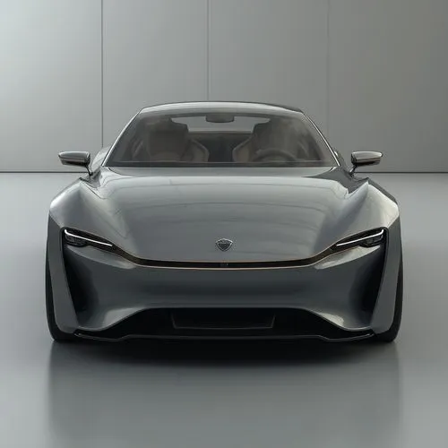 A modern luxury electric sedan with a seamless, minimalist body, featuring soft curves and elegant, flush door handles. The car’s exterior is finished in a deep matte grey, accented with subtle chrome