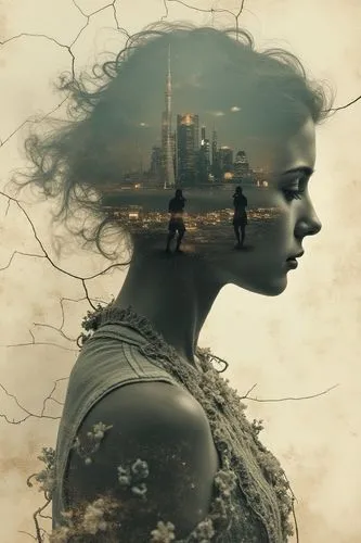 double exposure complex art by Alex Stoddard, Natalia Drepina and Brooke Shaden surreal postcard on a cracked paper, extremely dynamic, unusual , vintage,a woman's head is shown as a man looks into th