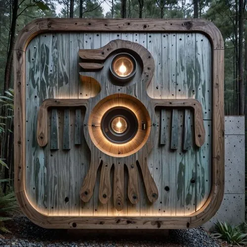 the wooden sculpture features various objects in it,the speaker grill,retro kerosene lamp,spa water fountain,electricity transformer,facade lantern,radiophone,illuminated lantern,electric generator,be