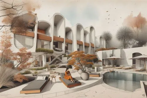 an artistic rendering of a courtyard with pool,redevelopment,urban design,virtual landscape,redevelop,school design,reconstructs,renders,inhabitable,habitat 67,render,urban landscape,urban development