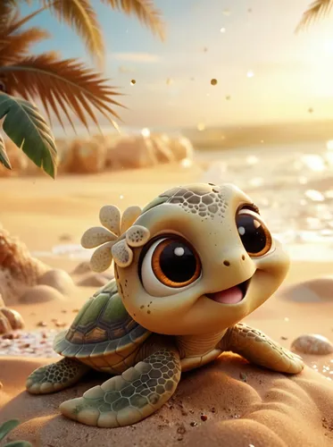 a turtle laying on the sand and smiling,baby turtle,sea turtle,cute cartoon character,summer background,half shell,seashell,water turtle,turtle,land turtle,pascal,cute cartoon image,ocean paradise,bea