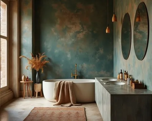  interior design,a bathroom with blue walls and a large tub,bath room,luxury bathroom,bagno,fromental,bathroom,gournay,Photography,Documentary Photography,Documentary Photography 01