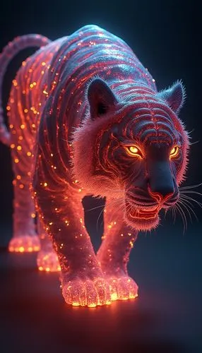 A hyper-realistic 3D render of a fierce tiger with a complex, intricate design. The tiger's glowing fur resembles translucent liquid fire glass in glowing neon red, neon orange, and neon blue, with gl