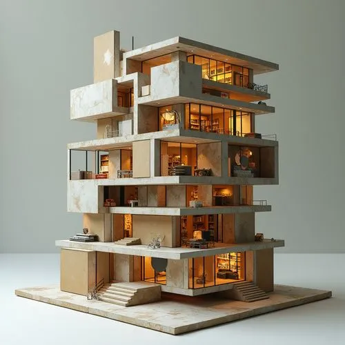 Design a cubic architectural paper model that embodies the essence of a modern library, integrating orthographic projections with a textured, layered aesthetic. The cube should feature multiple sides,