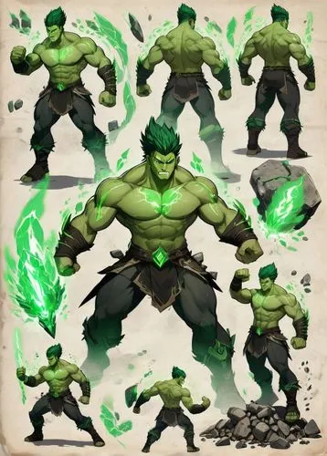 Criar guerreiro muito forte, sem camisa, com muita raiva, olhos com brilho intenso na cor verde, braços carregados de energia em verde, chão com entulhos e pedras,a green drawing of a hulk and his mus