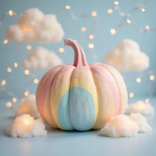 A pastel rainbow pumpkin with gradient stripes of soft pink, blue, and yellow. Positioned among fluffy clouds and fairy lights, it creates a dreamy, whimsical effect, perfect for a cheerful, child-fri