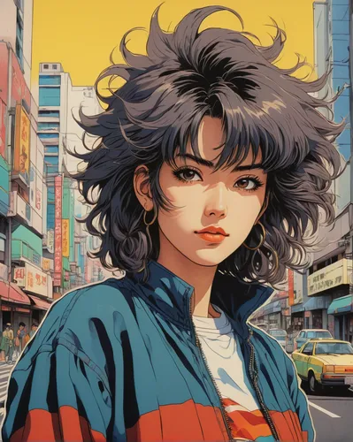 ((90's anime style)), ultra detailed illustration of a beautiful adult woman with messy hair wearing 1990 clothing, standing in Los Angeles 1990, ((art by Masakazu Katsura)), trigun, DNA², Ranma, ultr
