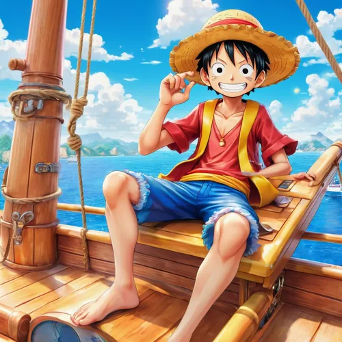 Luffy sit on the sunny ship,straw hat,straw hats,sailing,seafaring,matsuno,alibaba,calm usopp,at sea,sailing orange,onepiece,scarlet sail,one piece,boat,anime japanese clothing,sailing saw,nautical ch