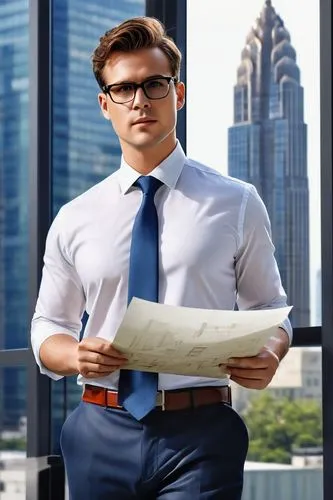 Male architect, 30s, serious facial expression, black framed glasses, short brown hair, white shirt, rolled up sleeves, dark blue formal pants, leather belt, black dress shoes, holding blueprints, sta