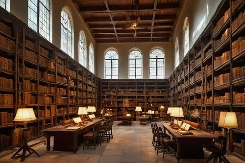 Grand, majestic archive building, modern architecture, intricately designed stone walls, large glass windows, wooden shelves, rolling ladders, dim warm lighting, soft shadows, afternoon sunbeams, dust