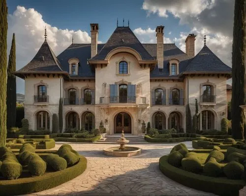 modern black asphalt shingles, steeply pitched roof, luxurious mansion, French Renaissance style, ornate stone carvings, grand entrance, large windows, sprawling villa, Tuscan landscape, rolling hills