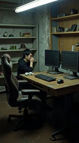 A dimly lit, run-down gaming setup in a neglected Taiwanese room. The young Asian man sits in front of two monitors on a scratched, worn-out wooden desk, surrounded by peeling, stained concrete walls.