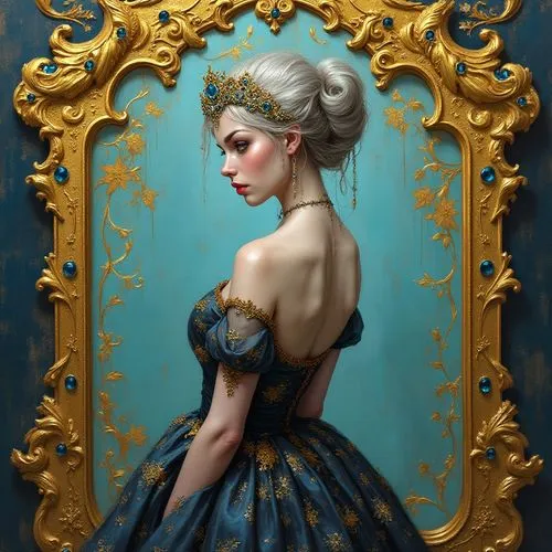 A graffiti-style, fantasy digital illustration of an ethereal, regal woman standing with her back to the viewer, framed by a large, bold golden mirror with graffiti-inspired baroque-style scrollwork, 