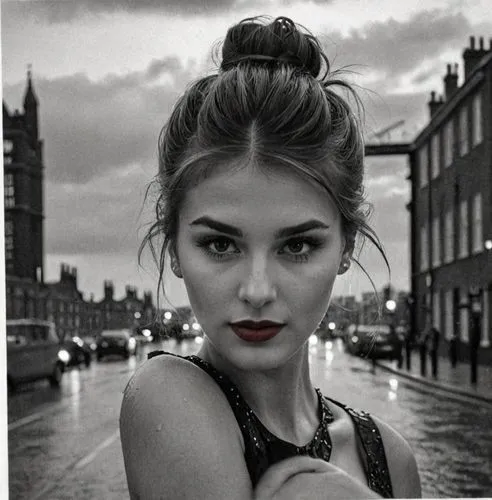 a black and white illustration portrait of a beautiful Caucasian young woman, 22 years old with brown hair, brown eyes, and red lips, she has her hair tied up with a bun, she is wearing a black dress 
