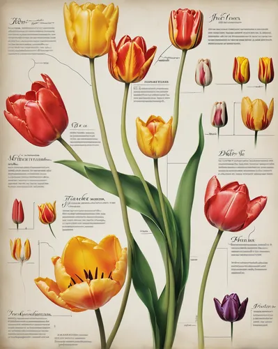 Describe variety of Lily Flowered Tulips (pointed tulips) in the world with piles of tulip in every room. sketchbook style, tulips from tiles, different colors of tulips, a harmonious blend of the pas