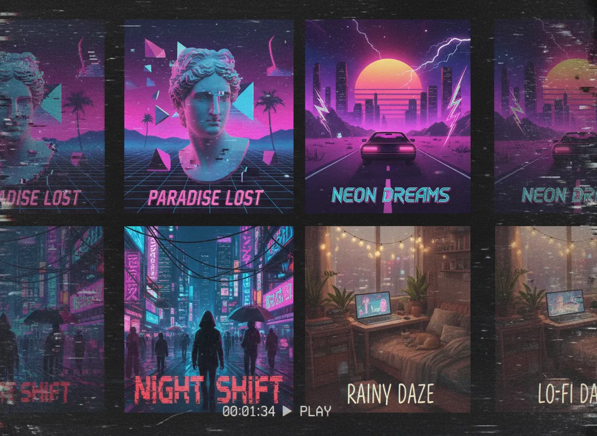 Un collage di quattro poster diversi in stili distinti—vaporwave, synthwave, cyberpunk e lo-fi—tutti con un unico effetto VHS Glitch creato con PromeAI.