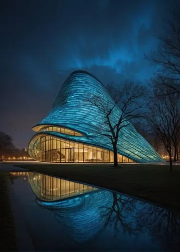 a modern building with smooth details,futuristic art museum,calatrava,santiago calatrava,futuristic architecture,tempodrom,mercedes-benz museum,disney hall,opera house,performing arts center,musical d