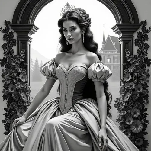 A beautiful, elegant woman with long, wavy brown hair, wearing a stunning, off-the-shoulder, silver corseted dress with puffed sleeves and a flowing skirt. she is seated in the middle of the image, wi