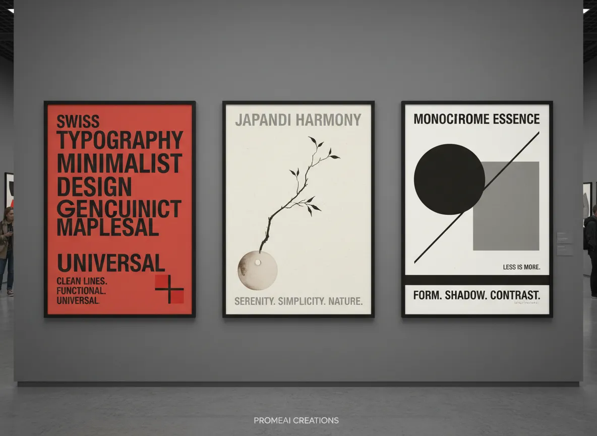 PromeAI के साथ बनाए गए पोस्टरों की एक गैलरी, जिसमें स्विस टाइपोग्राफी, जापांडी और मोनोक्रोमैटिक कलर स्कीम सहित विभिन्न मिनिमलिस्ट स्टाइल दिखाए गए हैं।