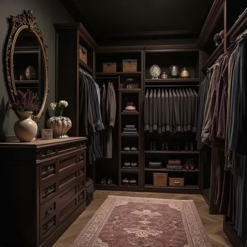  hallway,a closet filled with some wooden furniture and drawers,walk-in closet,mudroom,wardrobes,closets,closet,wardrobe,dark cabinetry,dark cabinets,women's closet,wardrobing,victorian room,armoire,c