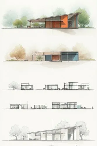 A diagram showing the process of forest hideaway timber resort with each step represented by different architectural sketches and digital construction models of building structures and dimensions. The