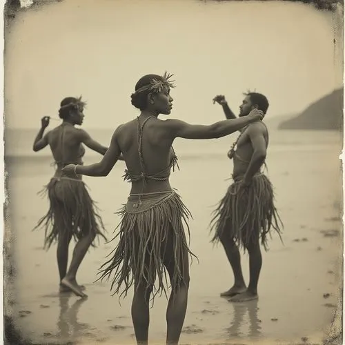 "Photorealistic, formal human portrait, black and white, tahitian hula dancer slave females on the beach welcoming James Cook , daguerreotype",an old po of three women with big feathers,tahitians,maor