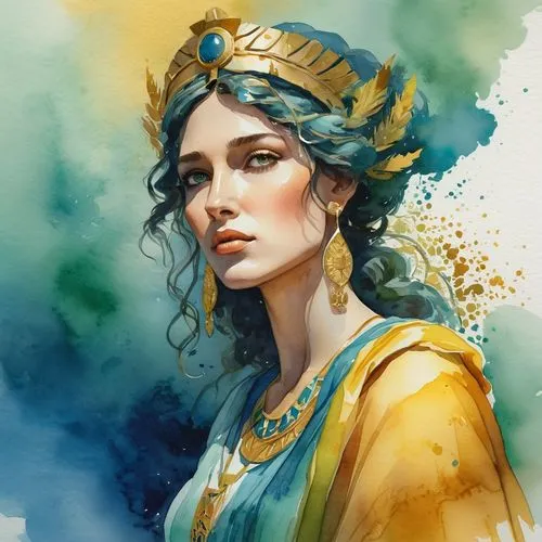 (watercolor:1.2) portrait of a Greek goddess, warm tone rendering, a digital rendering, trending on Behance, award winning, awe-inspiring. award winning artwork in artstation, blue-green and golden ye