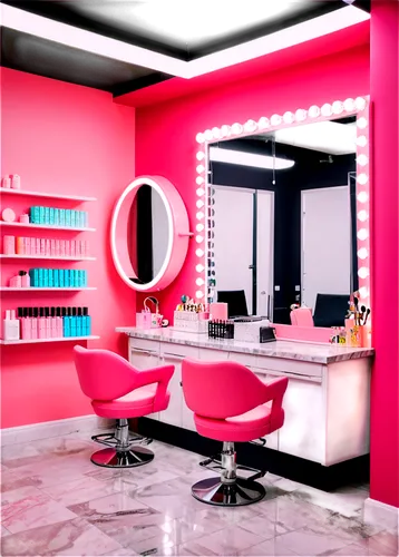 Interior salon, modern decor, luxurious ambiance, female hairstylist, standing, scissors in hand, stylish haircut, beauty products on shelves, marble countertops, large mirrors, softbox lighting, shal
