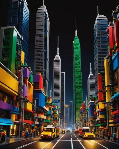 Lego, modern cityscape, urban skyscrapers, intricate details, colorful buildings, vibrant lights, nighttime scene, starry sky, low-angle shot, dramatic composition, futuristic tone, metallic materials