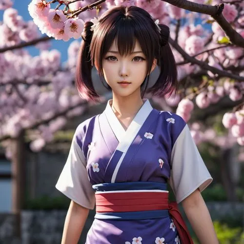 anime character,japanese style,girl,plums,a young woman in a kimono and headphones under a cherry blossom tree,sakura,japanese sakura background,sakura blossom,sakura blossoms,sakura flower,sakura bac