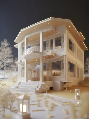 a white house lit up with a lantern at night,cube house,winter house,chalet,model house,cubic house,playhouse