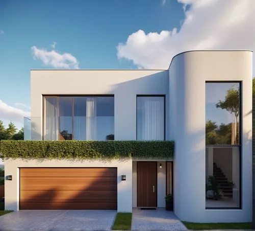 modern design house, garage door, driveway,modern house,3d rendering,modern architecture,cubic house,landscape design sydney,dunes house,render,stucco frame,smart house,frame house,eco-construction,mo
