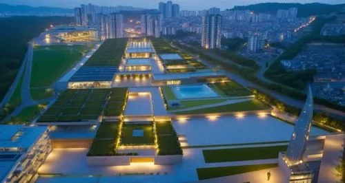 Urbanizacion Moderna con edificios bajos y altos en el entorno,con topografia regular e irregular, se evidencia una trama de calles que articulan esta concetualidad de una ciudad futurista en armonia