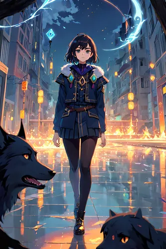ursa,constellation wolf,akko,howl,rottweiler,officer,fantasia,meteora,black shepherd,midnight blue,dusk background,luna,night watch,akita,uruburu,world end,nori,game illustration,investigator,wolves,A