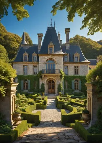 French Renaissance-inspired grand chateau, majestic stone walls, intricate carved stonework, symmetrical facade, steeply pitched slate roof, ornate chimneys, grand entrance with arched doorway, heavy 