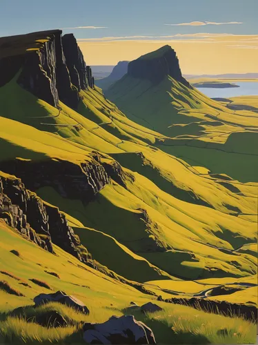 Tog at Quiraing by PaulBullenLandscapes,drakensberg mountains,isle of skye,orkney island,highlands,grasslands,scottish highlands,mountain plateau,plains,mountain pasture,three peaks,grassland,mull,isl