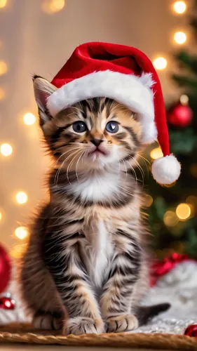 A kitten wearing a Christmas hat,christmas cat,christmas animals,santa hat,christmas photo,santa's hat,christmas pictures,christmas hat,christmas banner,santa claus,christmas picture,santa,christmasba