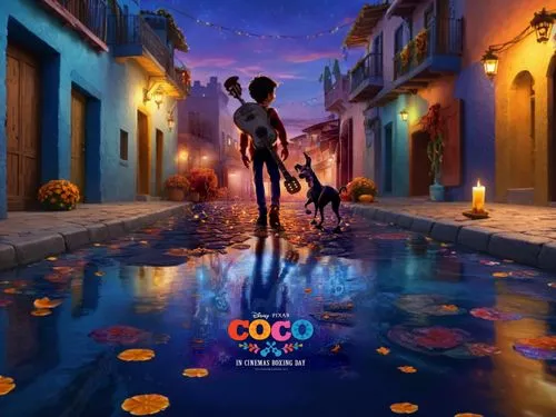 Disney 3D cartoon style movie of a young boy walking with a guitar on his back with his back to the camera, with water on the road and a festive atmosphere reflected in the water. Traditional Mexican 