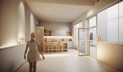 a woman standing next to a kitchen with wooden cabinet and counter,hallway space,walk-in closet,modern room,a museum exhibit,pantry,school design,hallway,exhibit,white room,display window,modern kitch