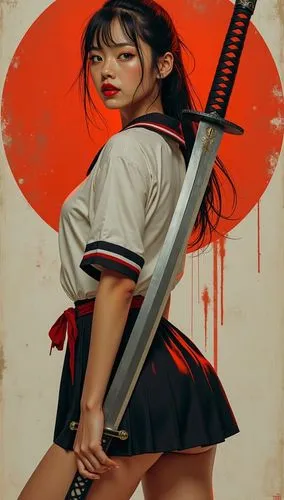a beautiful young lady, with a katana strapped on her back, wearing a Japanese school uniform,a girl with a sword in her hand,samurai fighter,samurai,geisha,geisha girl,valentine pin up,nisei,samurais