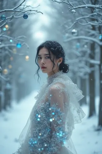 (Vogue magazine cover:1.3), haute couture, (full body shot: 1.2), a model stands among a forest of snow-covered trees, their branches adorned with shimmering silver and blue ornaments. Low and slightl