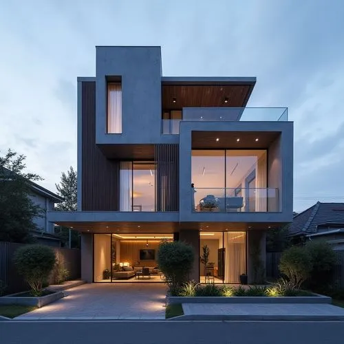  ,modern home with glass balcony in the front,modern house,cubic house,cube house,modern architecture,frame house,modern style