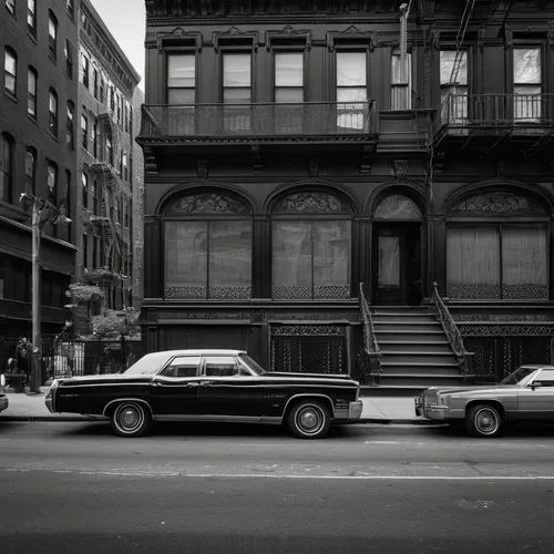 Harlem, NYC, black and white photo,harlem,brooklyn,dodge monaco,buick century,brownstone,bronx,new york taxi,buick apollo,volvo 140 series,volvo cars,postmasters,taxicabs,old cars,vanishing point,new 