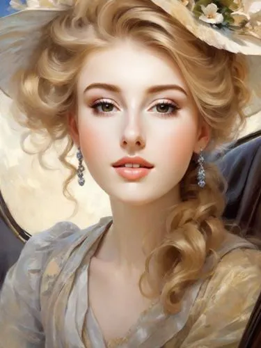 beautiful blonde lady, sophisitcated, Edwardian era, dressed up in Piccadilly in a carriage,a woman with long blond hair and a hat,noblewoman,blonde woman,romantic portrait,fantasy portrait,white lady
