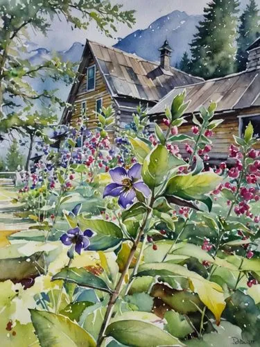 Бревенчатый Домик  среди колокольчиков,a painting of purple flowers in front of a cabin,watercolor,watercolor shops,watercolor painting,home landscape,cottage garden,watercolor flowers