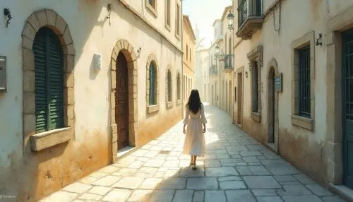 A watercolor style image, characterized by soft, diffused edges and visible brushstrokes, featuring a solitary woman walking through a sunlit alleyway. The scene utilizes an earthy color palette of wa