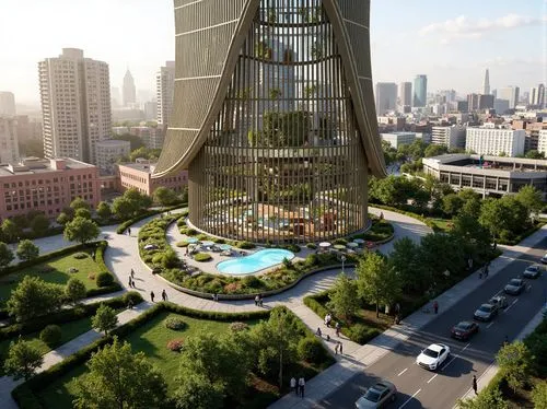 Curved skyscraper, organic blob-like shape, lush green roofs, verdant walls, futuristic architecture, sustainable design, eco-friendly materials, innovative water harvesting systems, solar panels, win