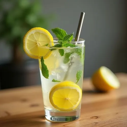 water with lemon and mint in glass on woodencountertop,silver straw,a tall glass filled with lemon and mint,lemon mint,limeade,ice lemon tea,gin and tonic,lemonades,lemon tea,lemon background,lemon ju