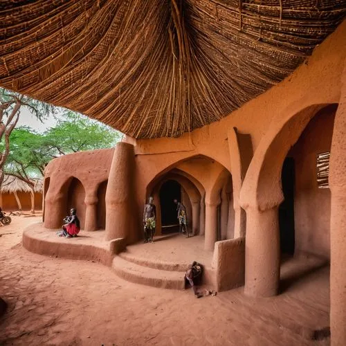 Francis Kéré Architecture, modern, Burkina Faso, West Africa, mud-brick, adobe, clay, sustainable, eco-friendly, natural ventilation, large overhanging roofs, curved lines, minimalist, earthy tones, w