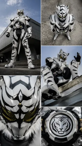 Kamen Rider with a white tiger theme and styling,   ,the collage shows several different images with a person dressed in a striped costume,tiger turtle,white tiger,royal tiger,lion white,stone lion,ti
